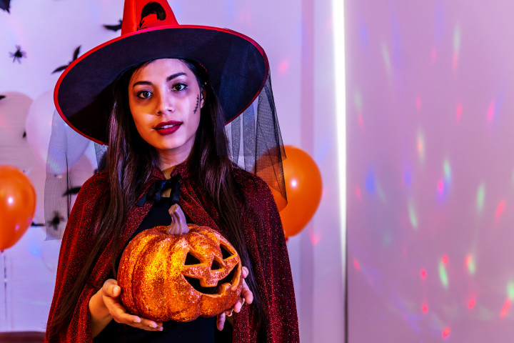 A classic spooky black witch costume layout complete with a pointed hat
