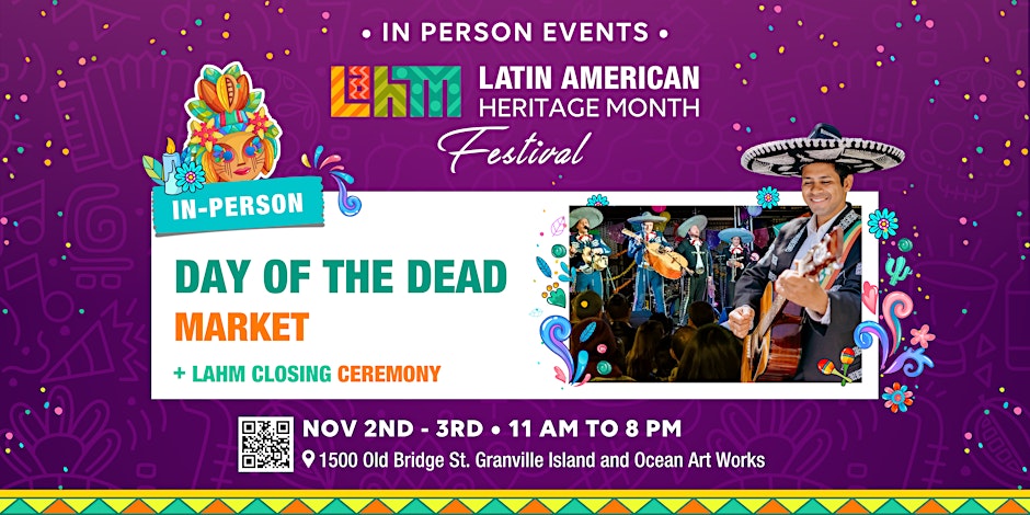 Vibrant La Catrina procession walking through the public paths at Granville Island market hubs